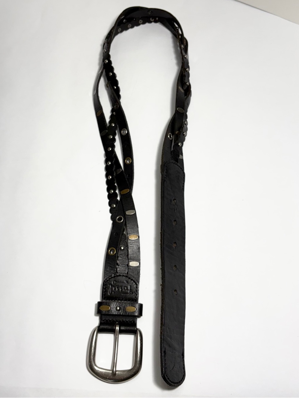 Women's Fossil Belt Black Genuine Leather Braided Studded Grommet Y2K Boho